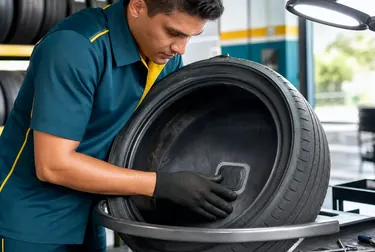 Profissional consertando um pneu em uma borracharia em Limeira.