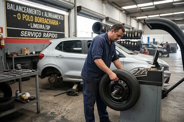 Profissional fazendo balanceamento de rodas em Limeira.