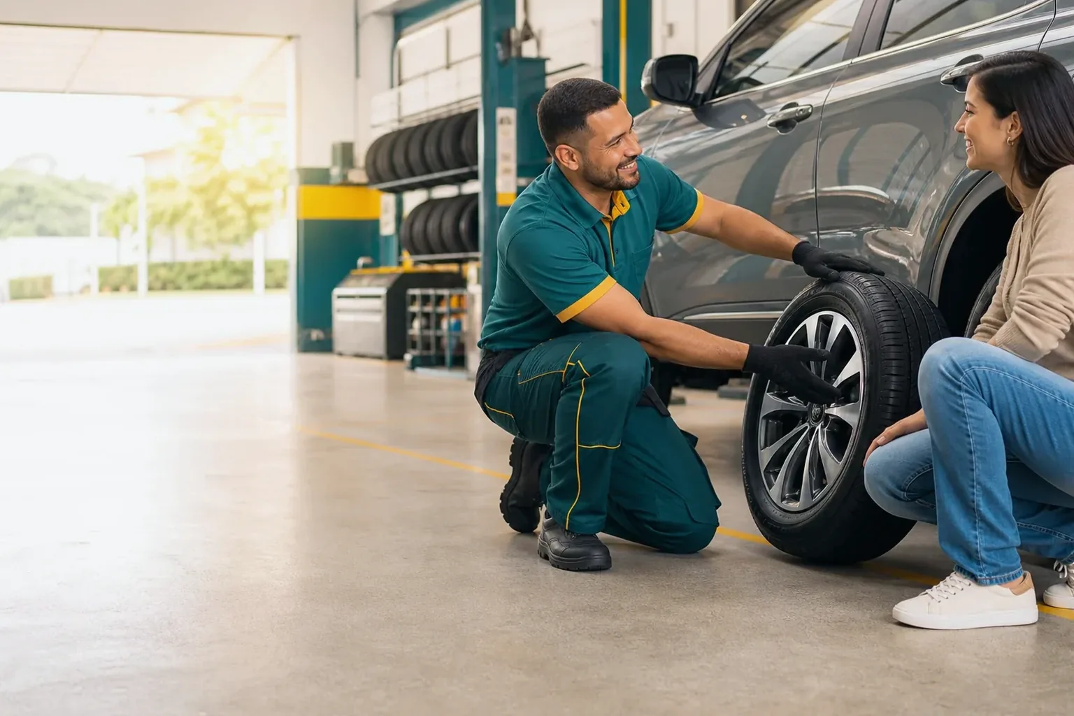 Profissional realizando atendimento em uma borracharia em Limeira.