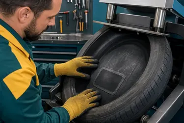 Técnico fazendo vulcanização de pneus em Limeira.